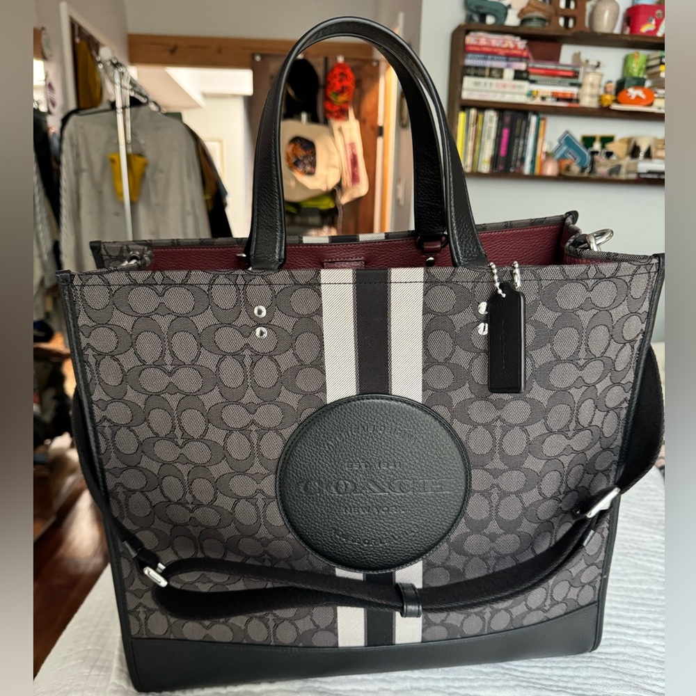 Coach Gray Signature Tote with Black Trim and Burgundy Interior